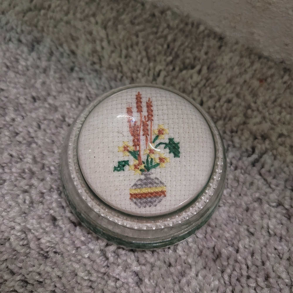 Vintage Glass Paperweight Needlepoint Petit Point Floral Vase Green Felt Base